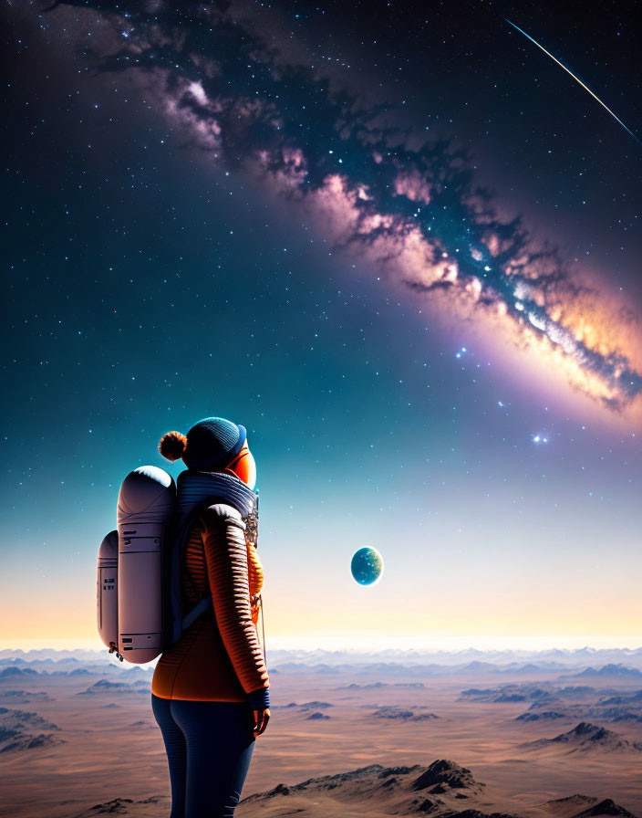 Person in spacesuit gazes at night sky with stars, galaxy, planet on rocky alien landscape