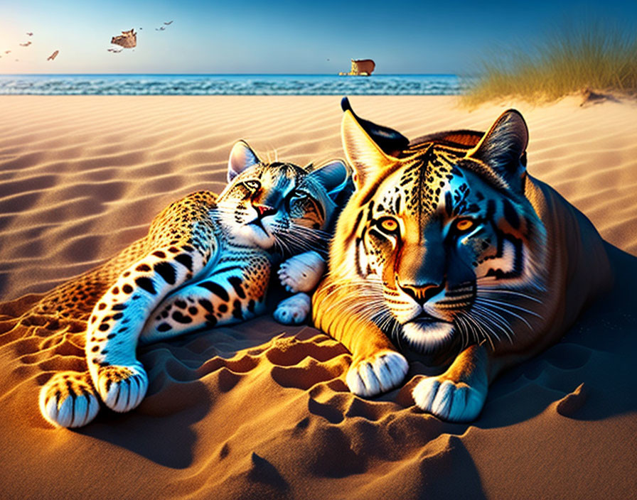 Digital artwork featuring adult tiger and cub with blue eyes on beach at sunset