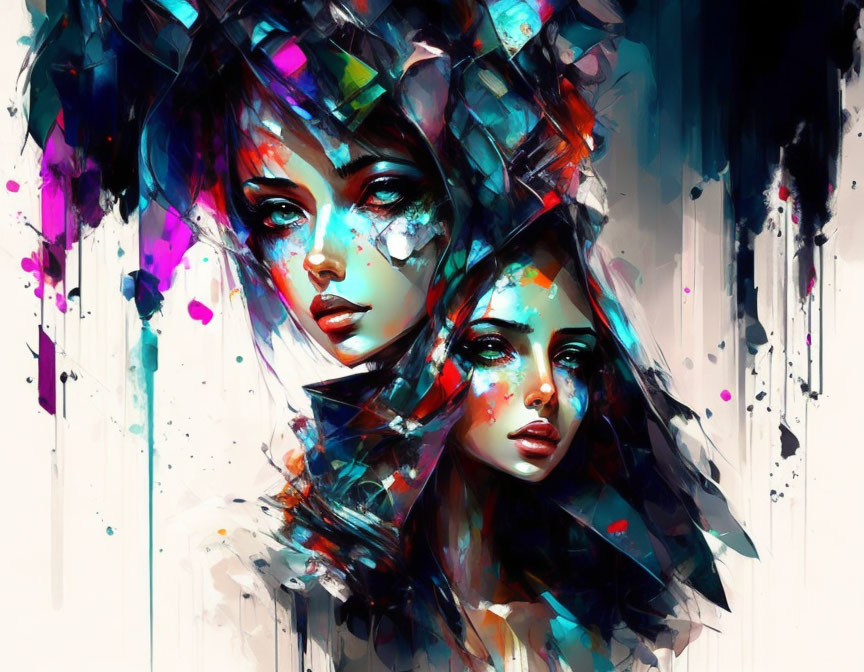 Abstract digital painting of two women's faces with colorful strokes and splatters.