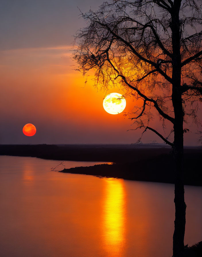 Tranquil sunset with orange sky, sun's reflection, calm water, and tree silhouette