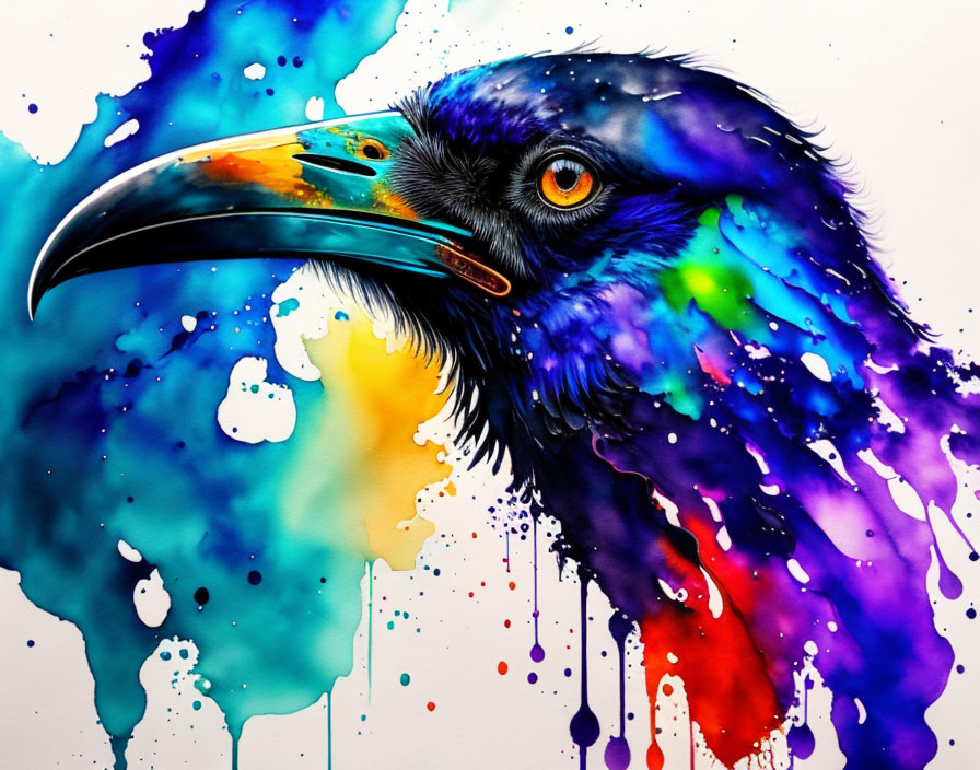 Colorful Raven Illustration with Blue, Purple, and Orange Inks
