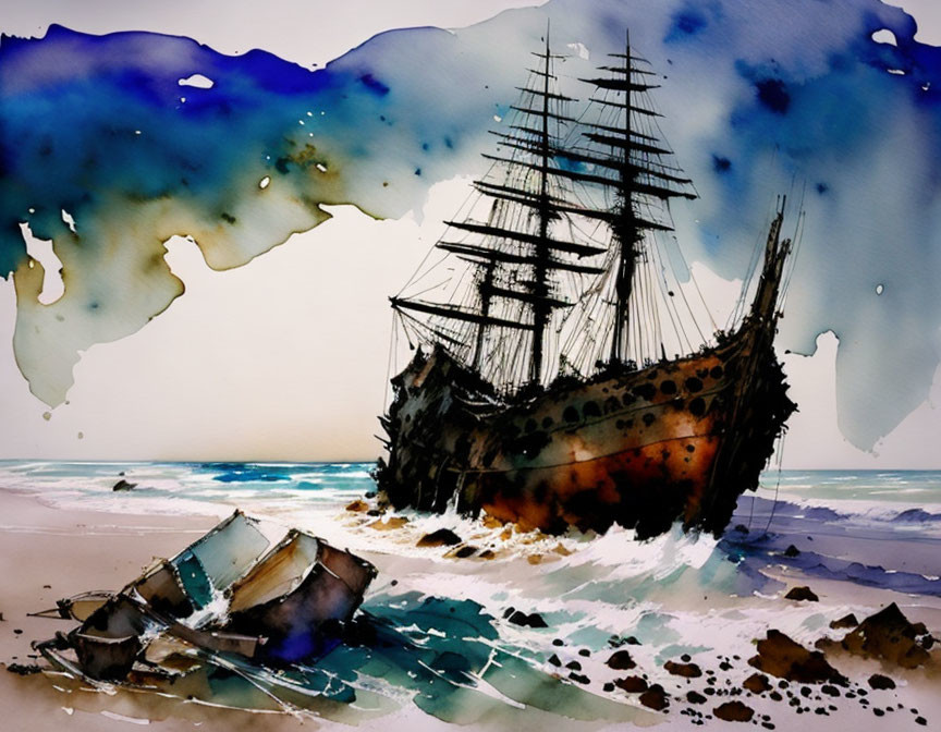 Vibrant watercolor painting of tall ship and wrecked boat at sea