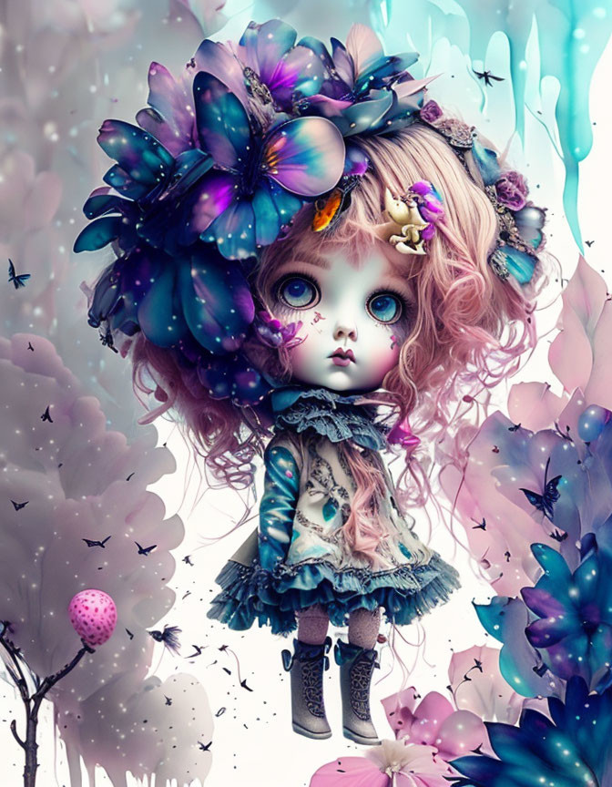 Illustration of doll-like girl with butterfly crown in magical setting