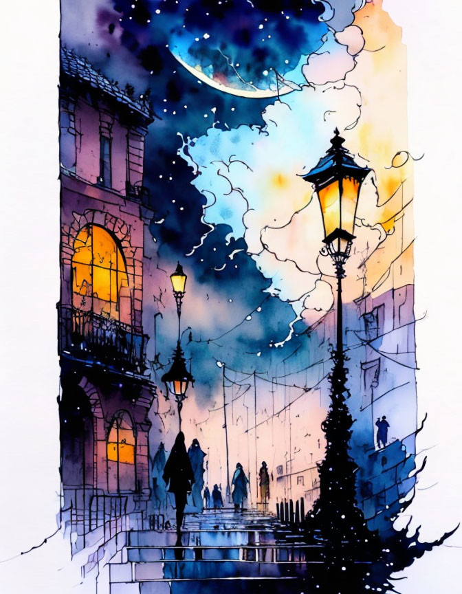 Vibrant watercolor painting: whimsical city street at night with crescent moon, silhou