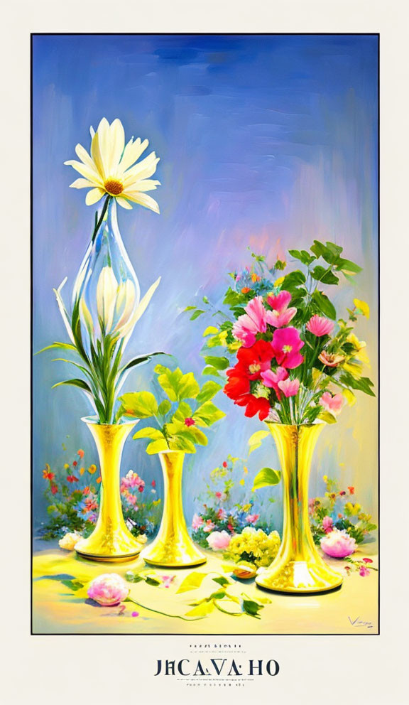 Colorful Flower Painting with Yellow Vases on Blue Background