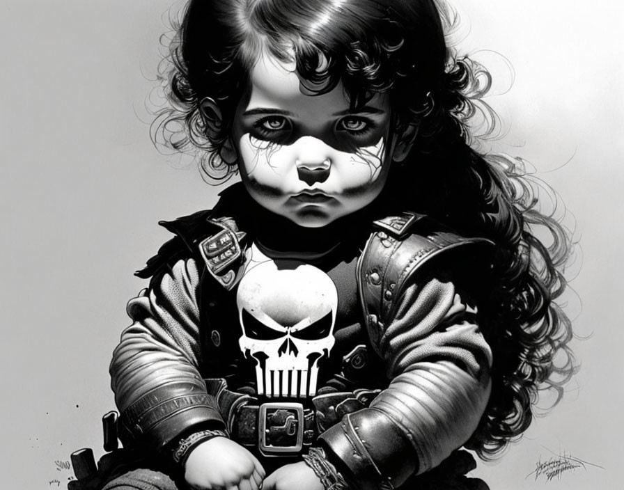 Monochrome artwork of child with intense eyes in Punisher skull jacket