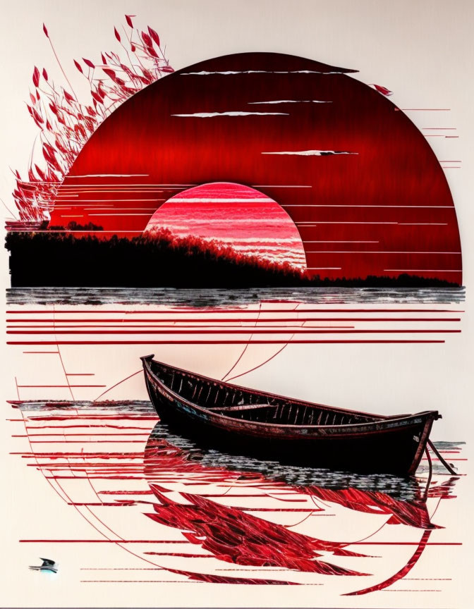 boat on the lake against the backdrop of a crimson