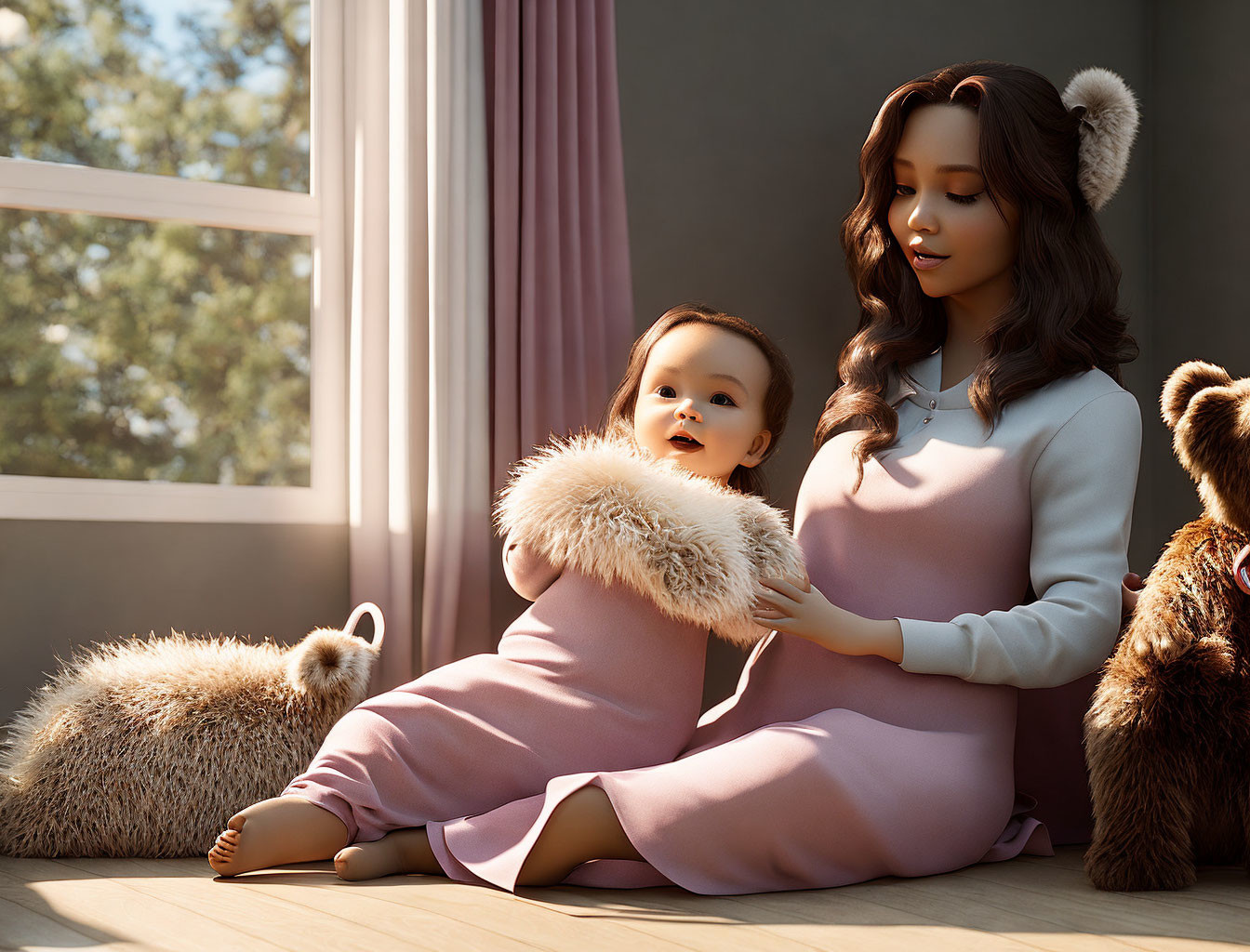 Woman and Child in Matching Pink Dresses by Window with Plush Toys