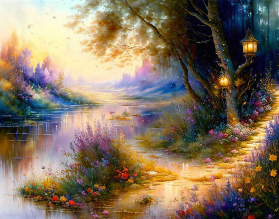 Tranquil river sunset painting with flowers, lanterns & trees