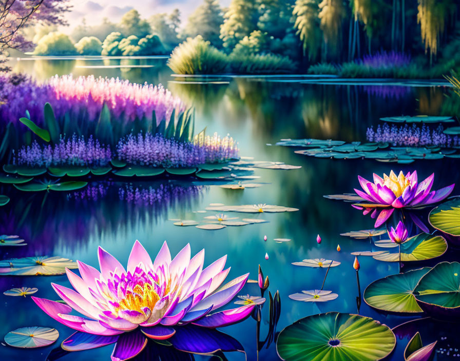 Tranquil lake scene with lotus flowers and lush greenery