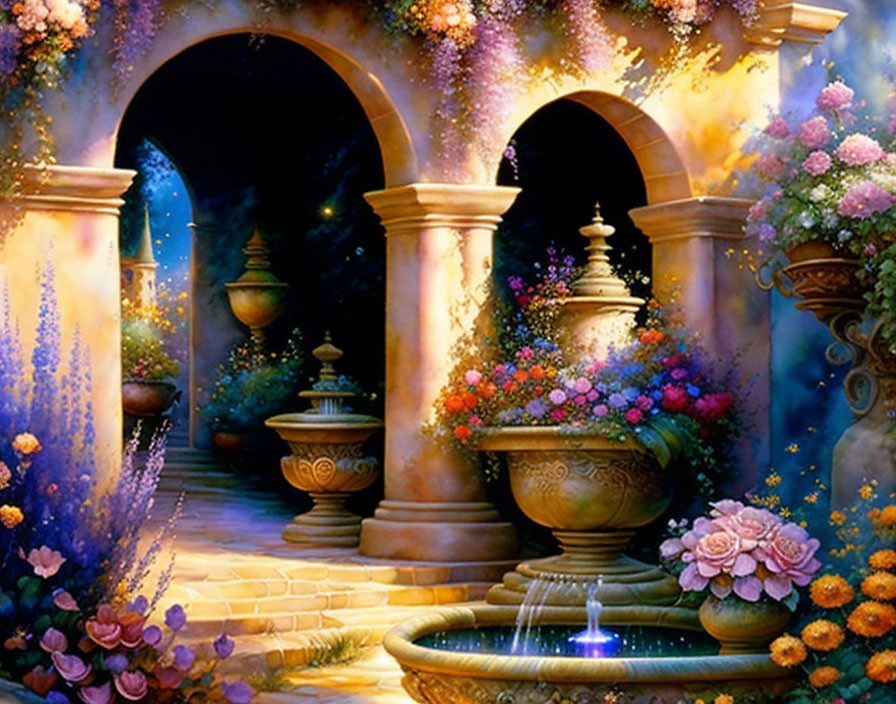 Enchanting night garden with overflowing flower pots, fountain, warm lighting, and starry sky.