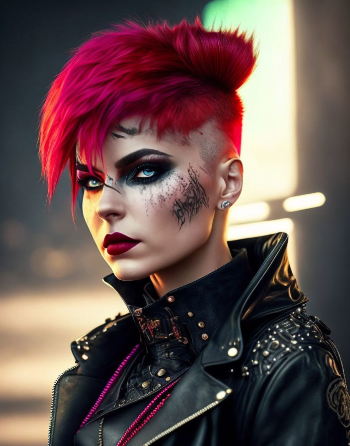 Vibrant red mohawk, facial tattoos, black makeup, leather jacket against urban backdrop