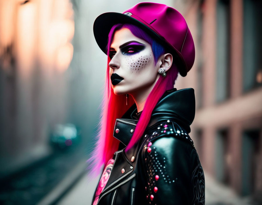 Vibrant purple and red hair person in leather jacket on urban street