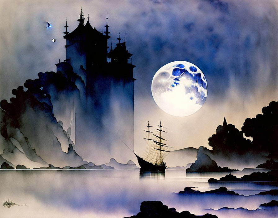 Fantasy artwork featuring full moon, tranquil sea, ship, mysterious castle on cliffs