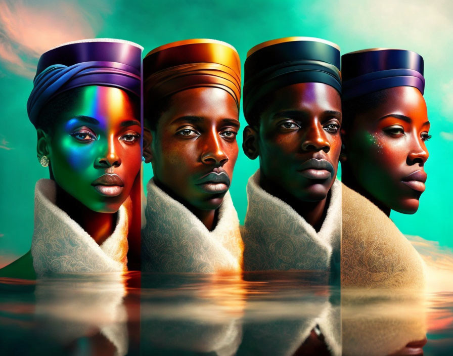 Four individuals with colorful head wraps and striking makeup on iridescent background