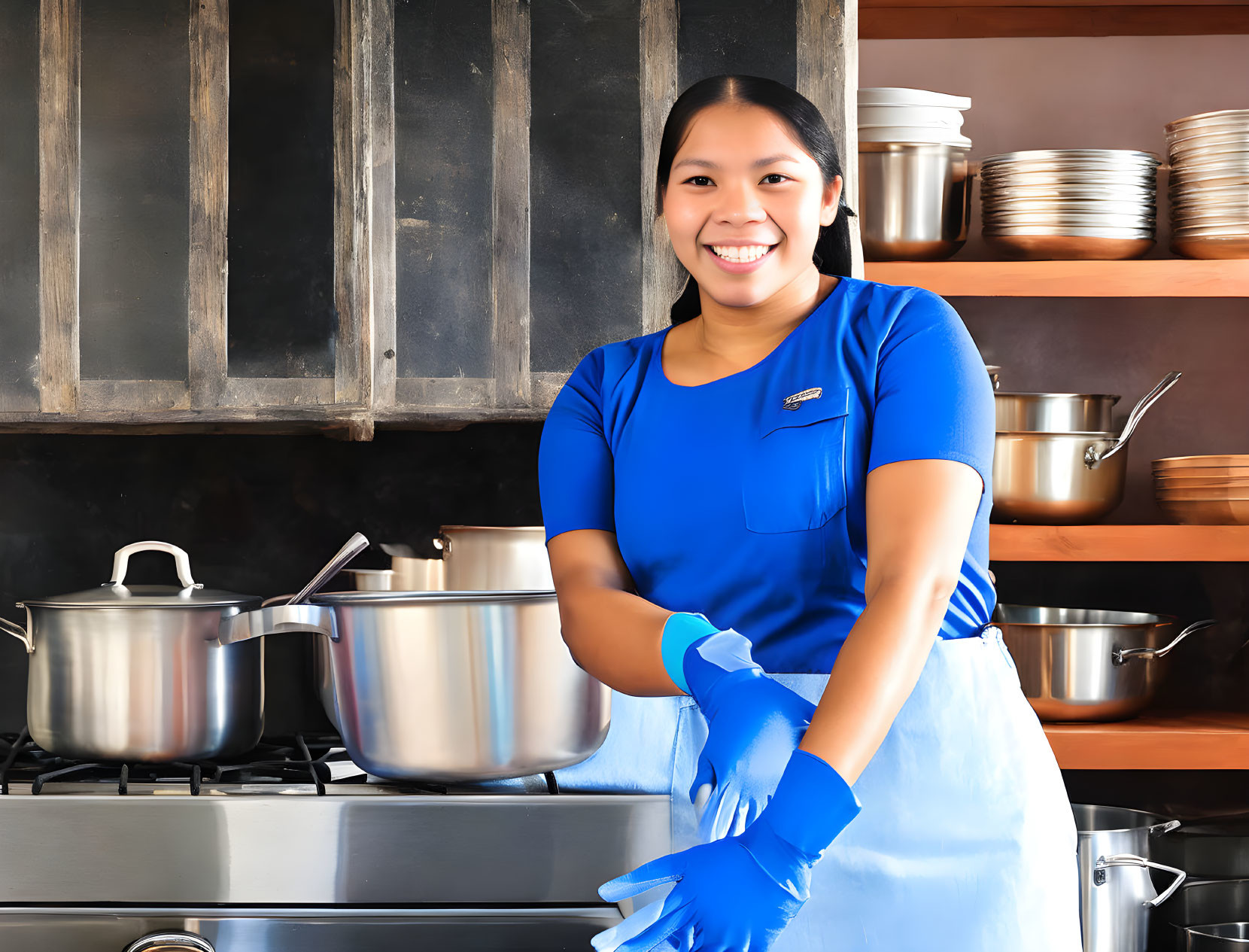 Person in Blue Apron Smiling in Kitchen Setting