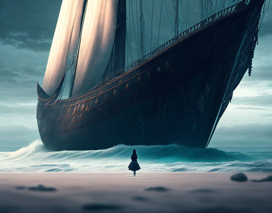 Mysterious figure on shore gazes at dark wooden ship