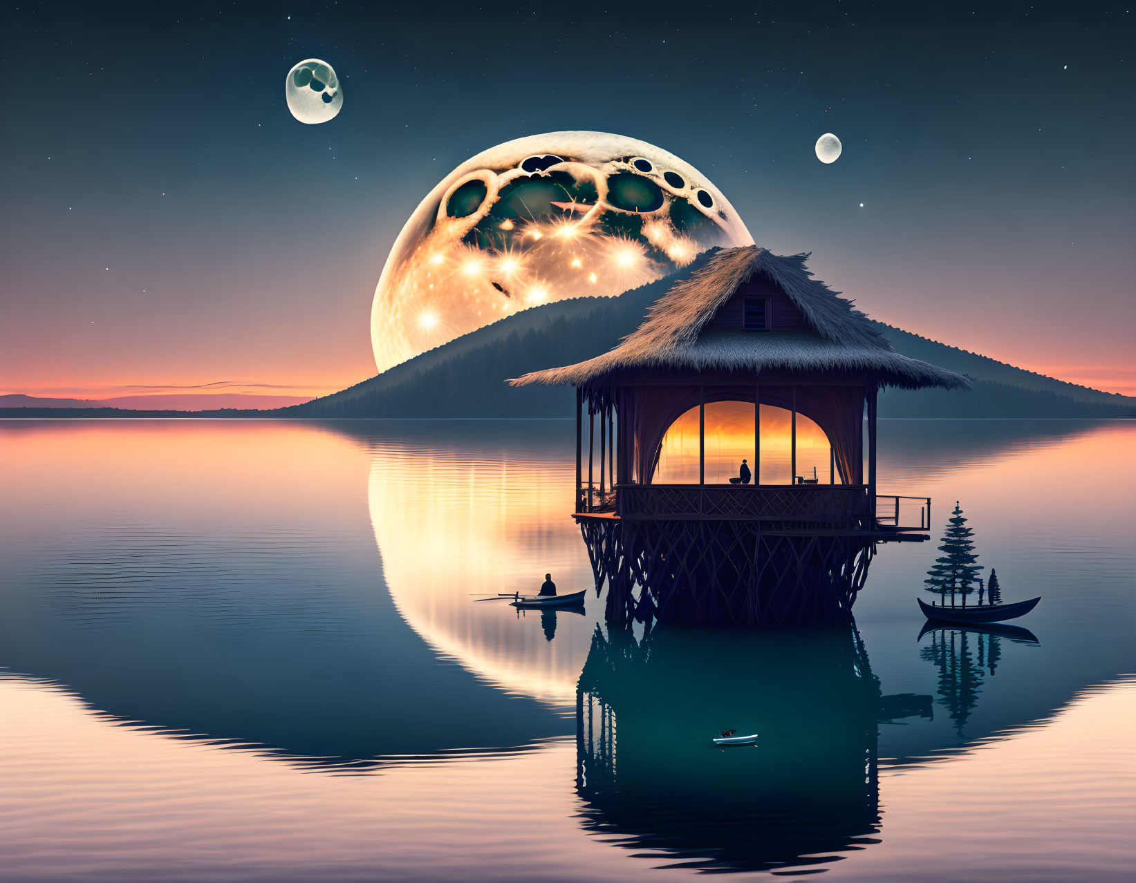 Tranquil lakeside twilight with moon, canoe, and stilt house