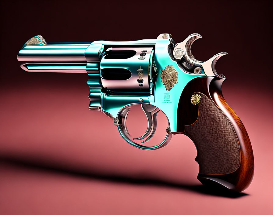 Stylized turquoise revolver with ornate engravings on maroon background