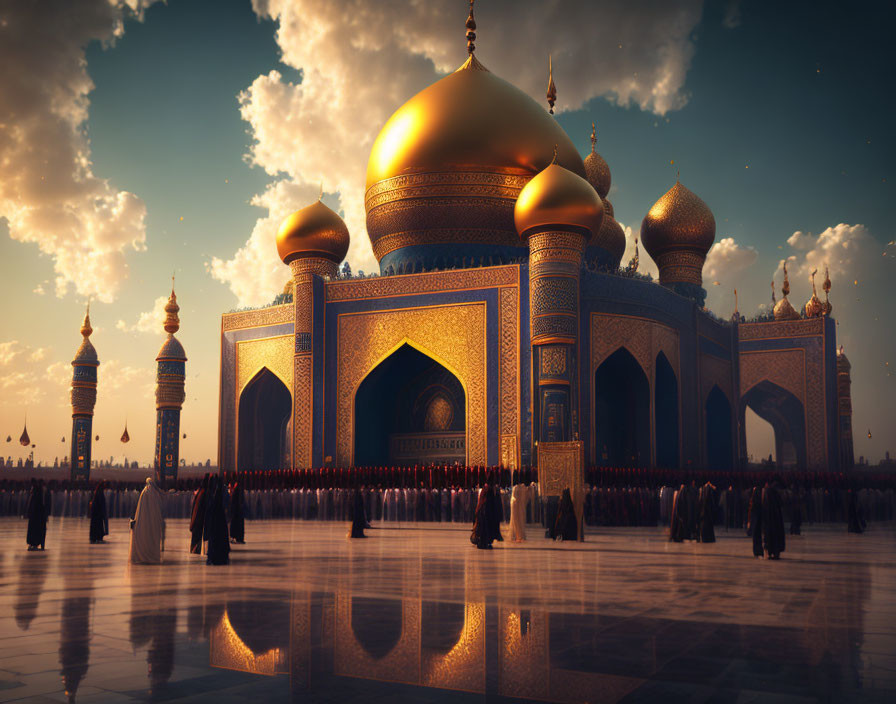 Golden domed mosque with blue patterns under sunset sky congregated by people