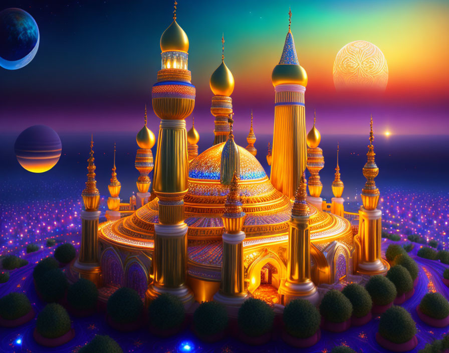 Fantastical golden palace with domes and spires in vibrant landscape