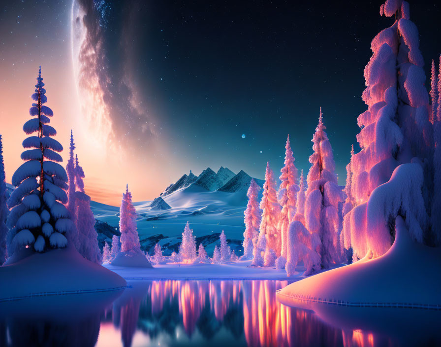 Snow-covered trees and mountains in serene winter dusk landscape with starry sky and aurora over calm lake