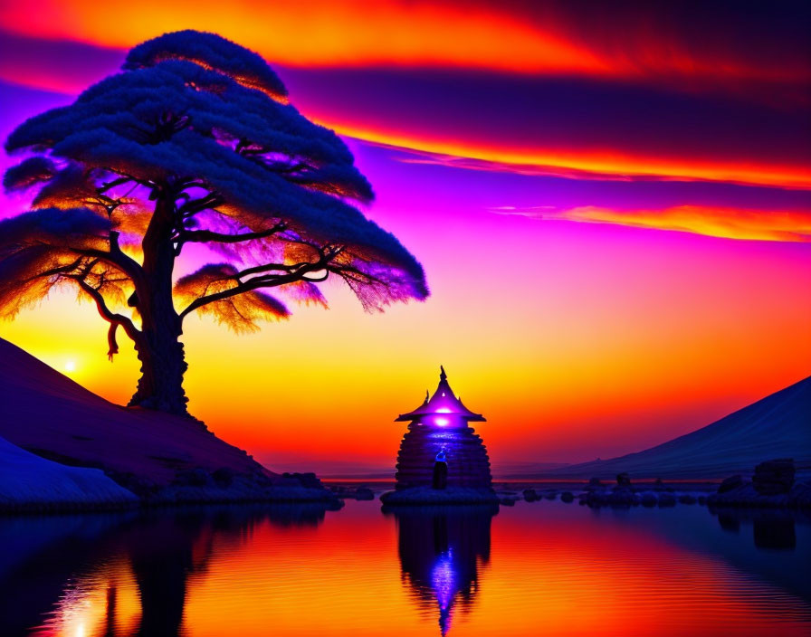 Serene landscape: snow-covered tree, pagoda, vibrant purple and orange sunset