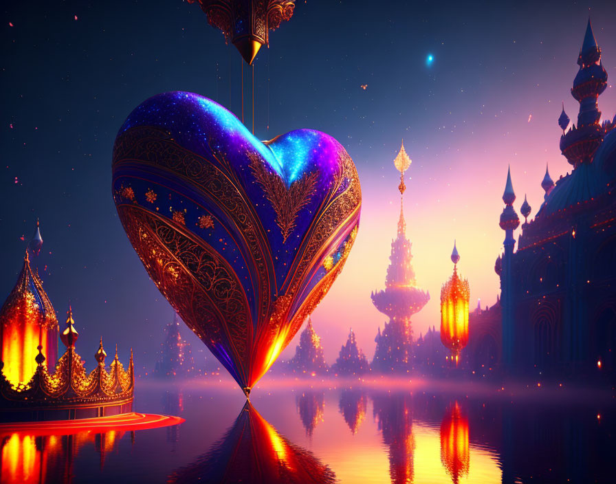 Intricate heart-shaped pattern above water and illuminated buildings at twilight