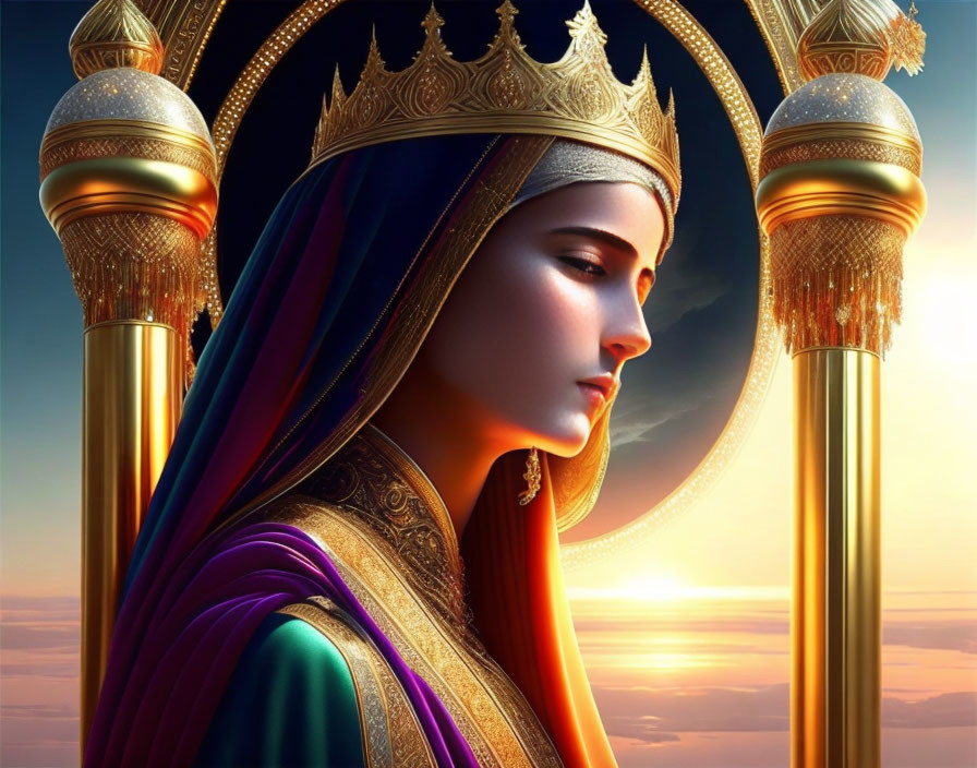 Regal woman with crown in golden pillar frame against warm background