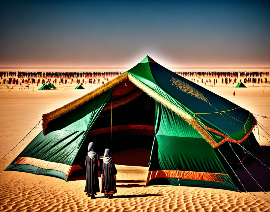 Traditional Attire People by Ornate Green Tent in Desert