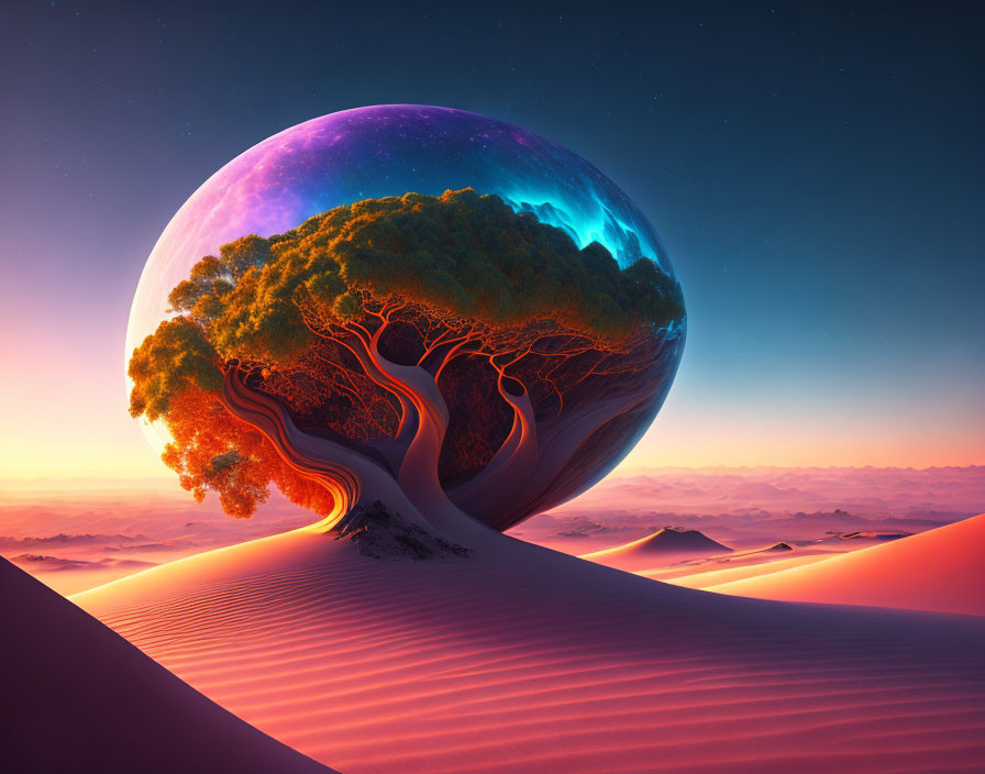 Surreal landscape featuring giant tree on sphere at sunset with dunes