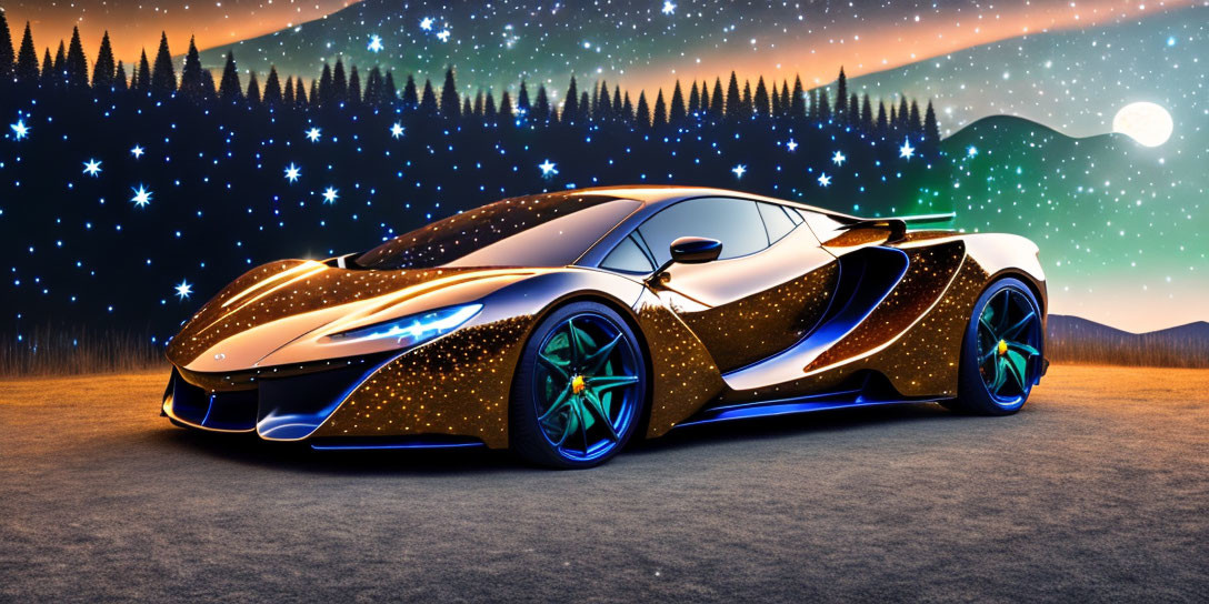 Futuristic sports car with starry paint job under moonlit sky