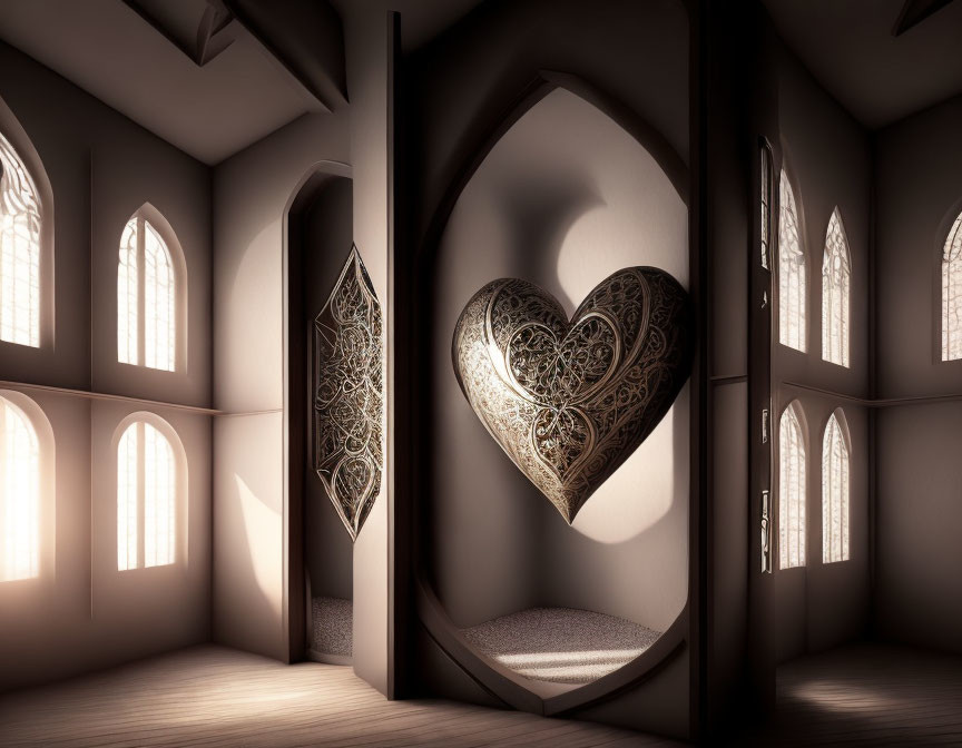 Heart-shaped ornament in room with Gothic windows and warm sunlight
