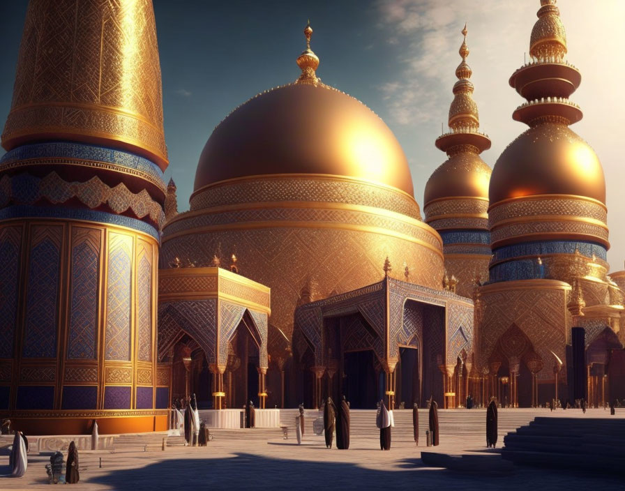 Grand Mosque with Golden Domes and Courtyard at Sunset