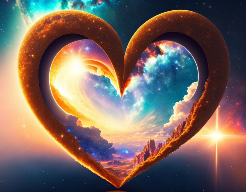 Heart-shaped silhouette with cosmic scene and sunrise over mountains