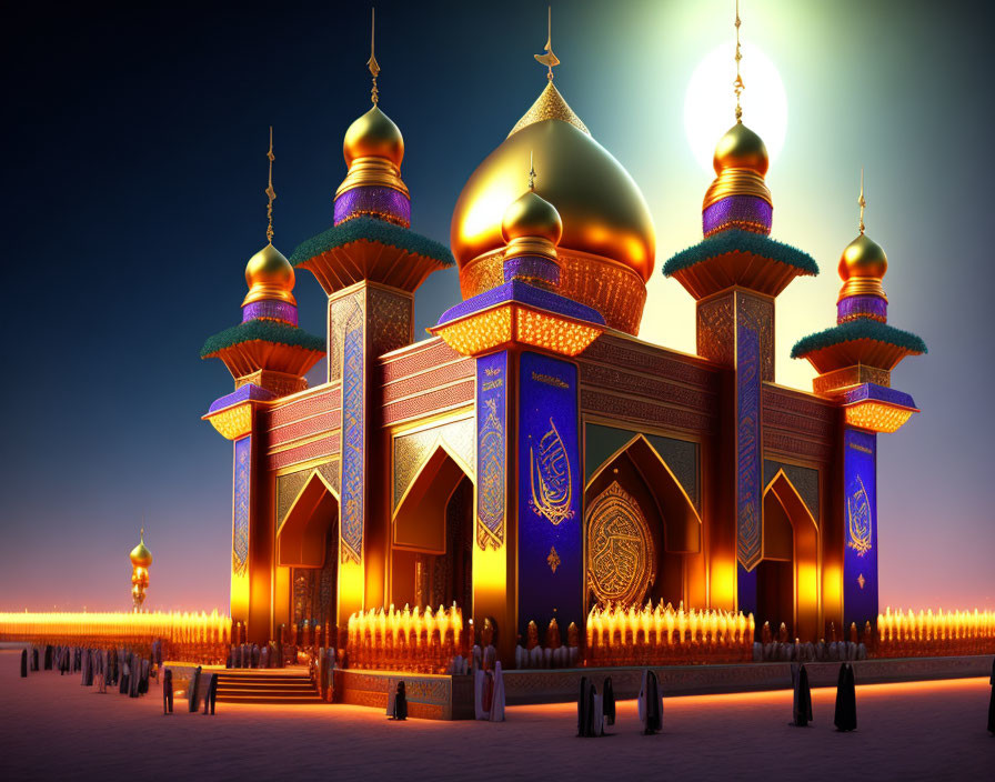 Golden-domed mosque with colorful towers illuminated at twilight and people gathering outside