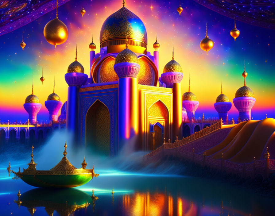 Colorful fantasy palace by tranquil waterway under starry sky
