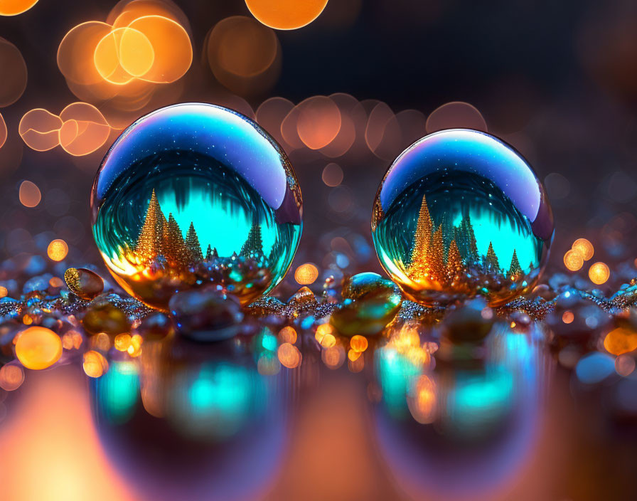 Crystal balls reflecting pine forest scene with twinkling lights on bokeh background