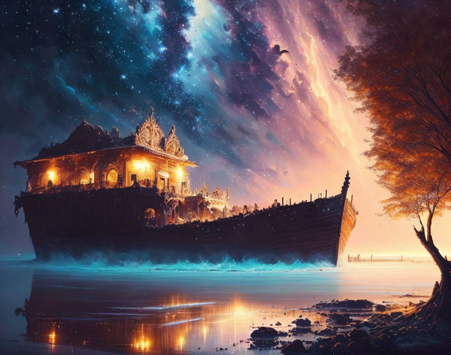 Majestic illuminated palace on ship under starry sky with cosmic nebula