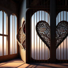 Heart-shaped ornament in room with Gothic windows and warm sunlight