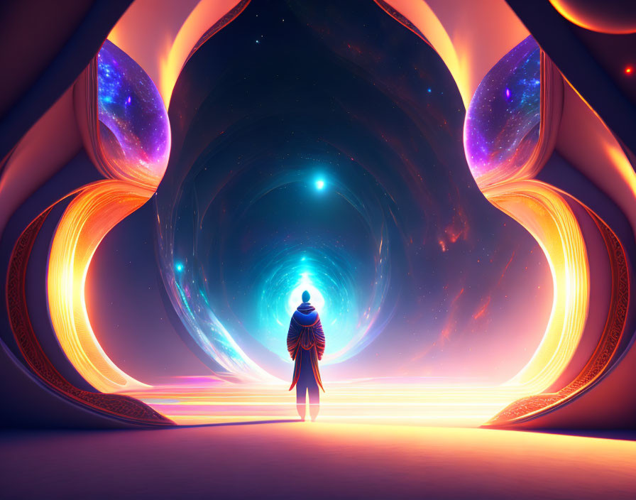 Figure at Entrance of Otherworldly Tunnel with Cosmic Patterns