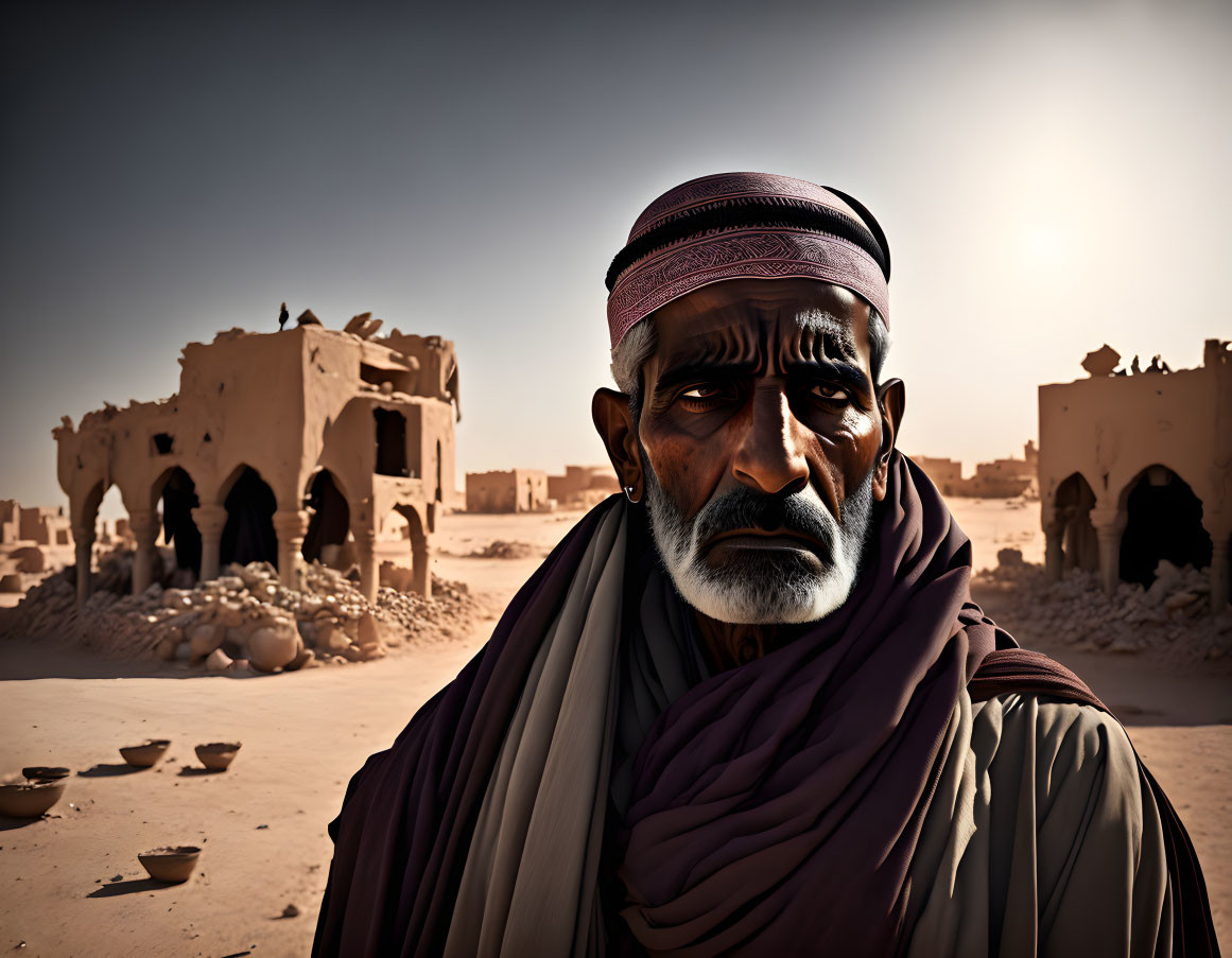 Elder man in headscarf and robe amidst ruined buildings under hazy sky