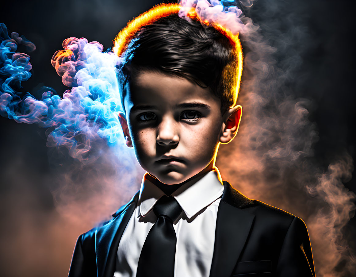 Young boy in suit with intense gaze in dramatic blue and orange smoke.