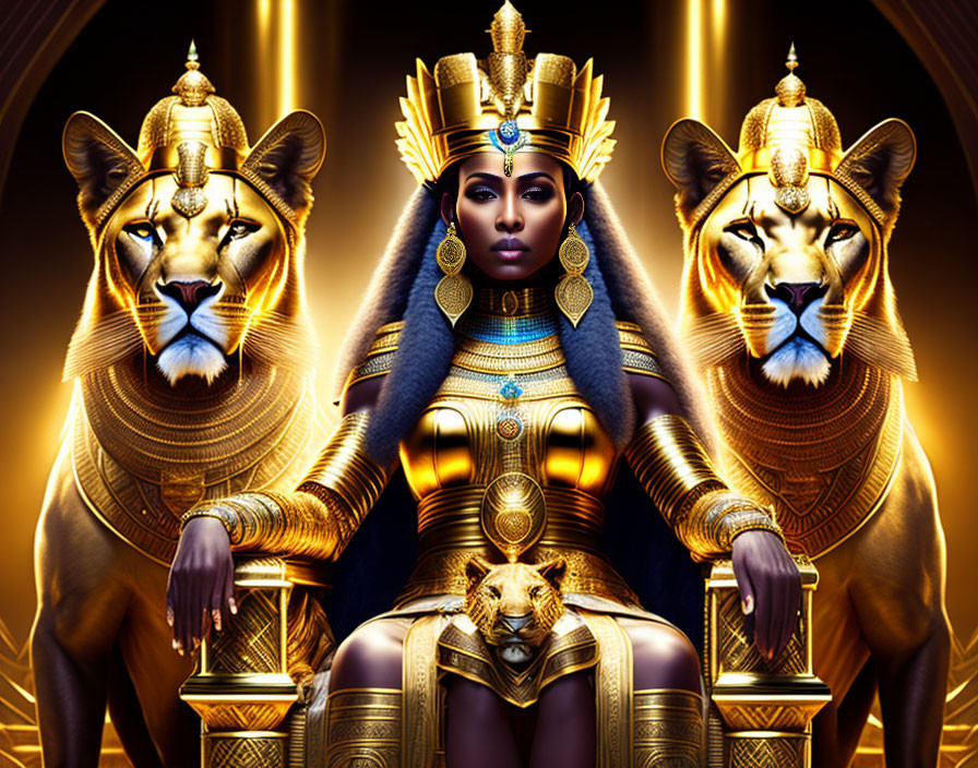 Egyptian-themed artwork featuring regal figure with lionesses on golden backdrop
