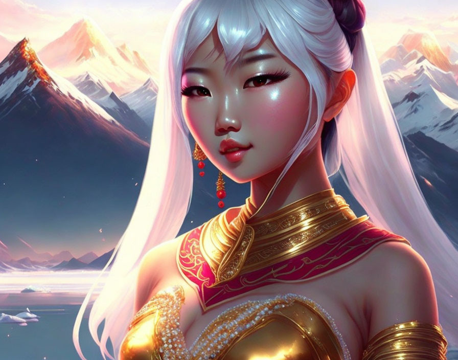 Digital artwork featuring woman with pale skin, white hair, red attire, and snowy mountain landscape.
