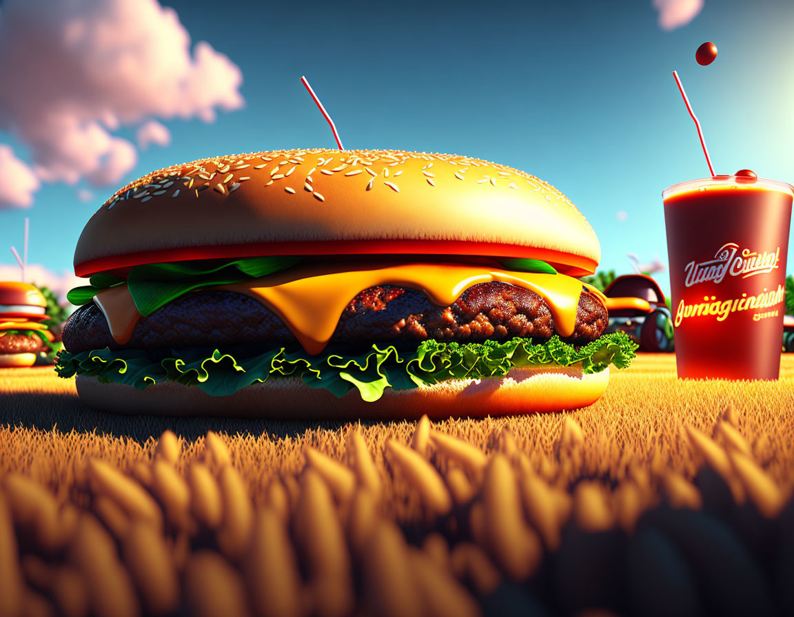 Stylized oversized cheeseburger on wheat field with soft drink cup