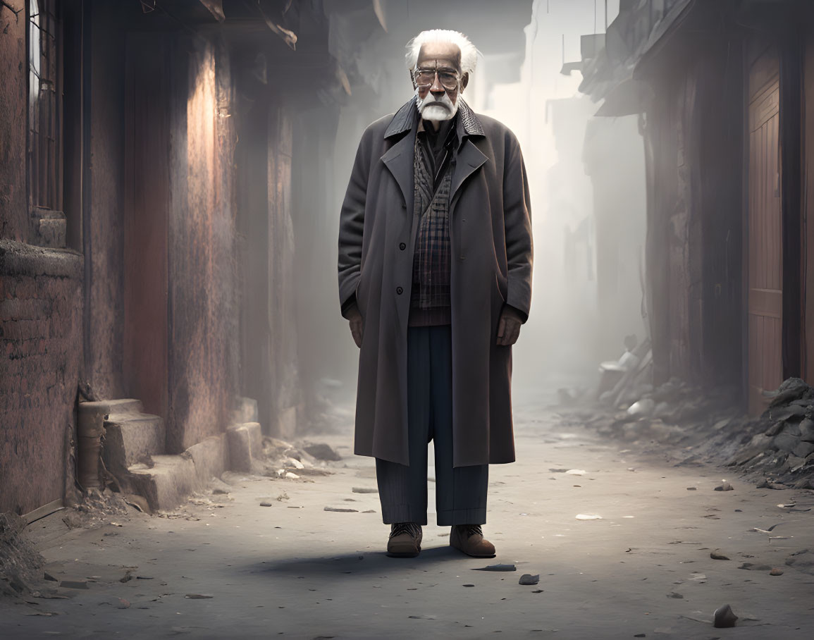 Elderly man with white beard in misty alley wearing long coat and glasses