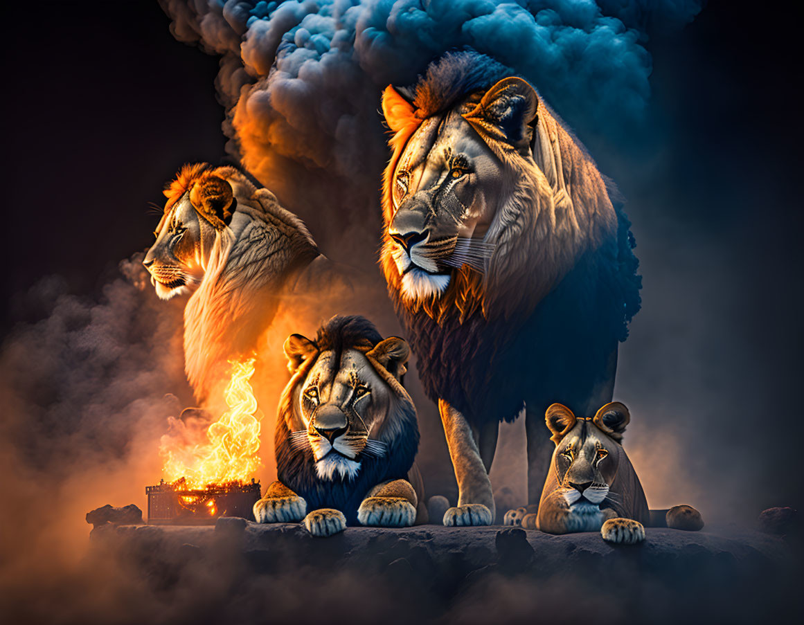Majestic lions surrounded by mystical aura and flames