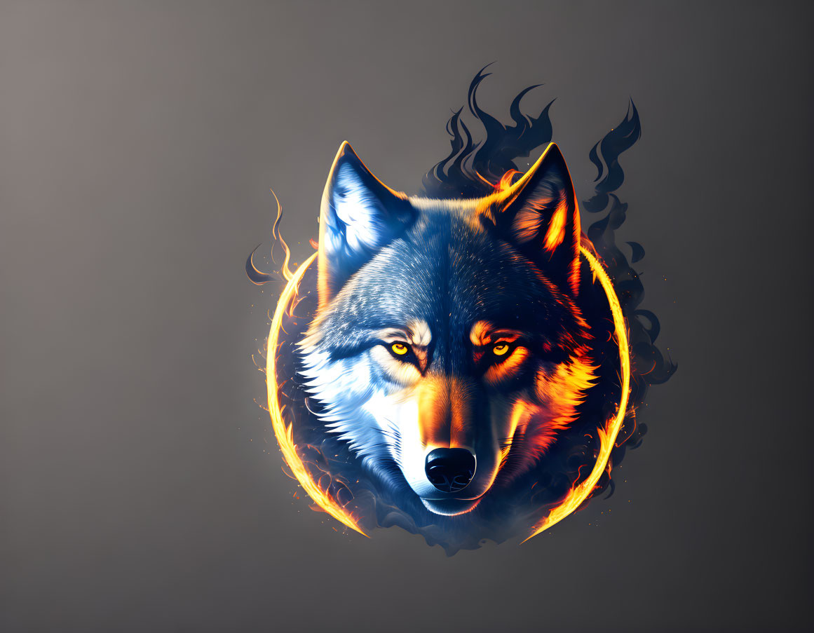 Digital illustration of wolf head in stylized flames on dark background