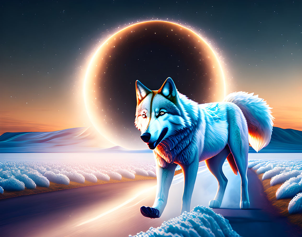 Majestic wolf on snowy twilight landscape with glowing ring